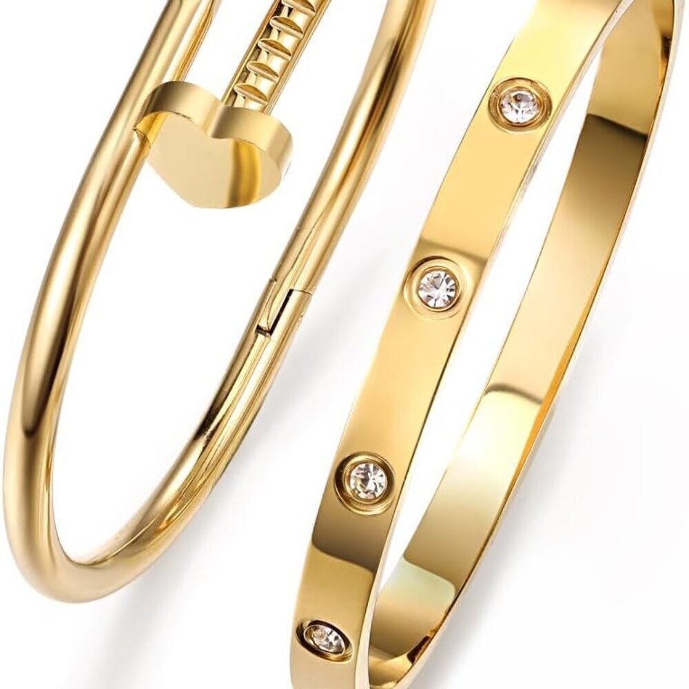 Stainless Steel Love Bangle Set Gold Plated Stackable Jewelry For Women